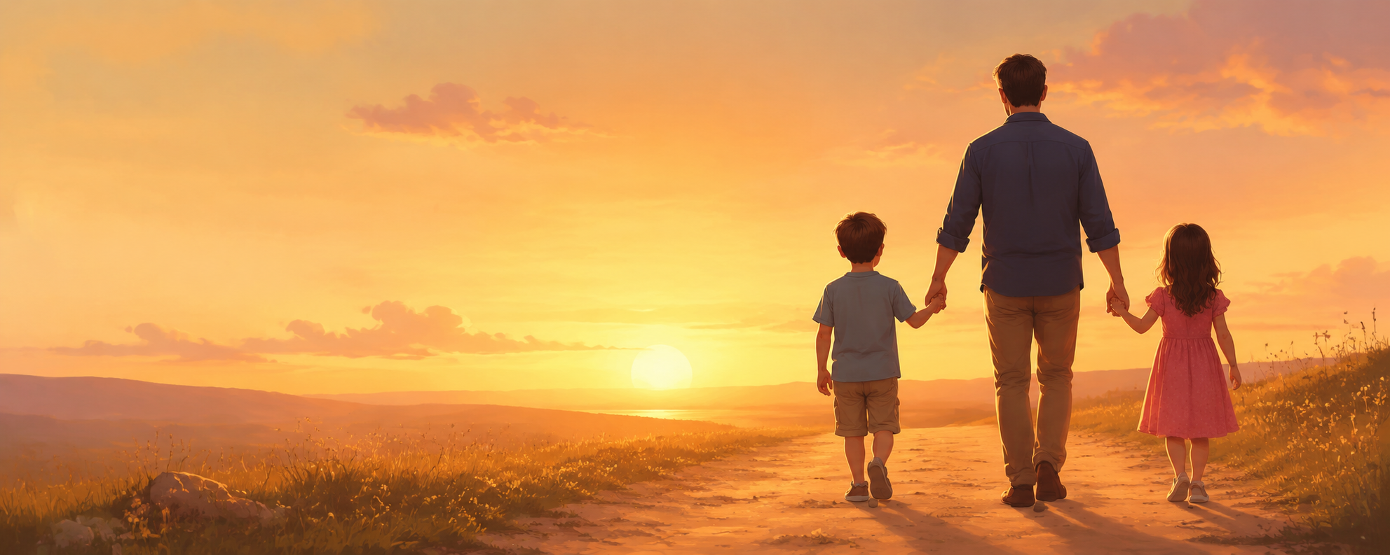 Father walking towards a sunset holding hands with his son and daughter