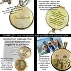 mypirateshop vintage brass compass showing custom engraving examples including names, handwritten notes, and photos.