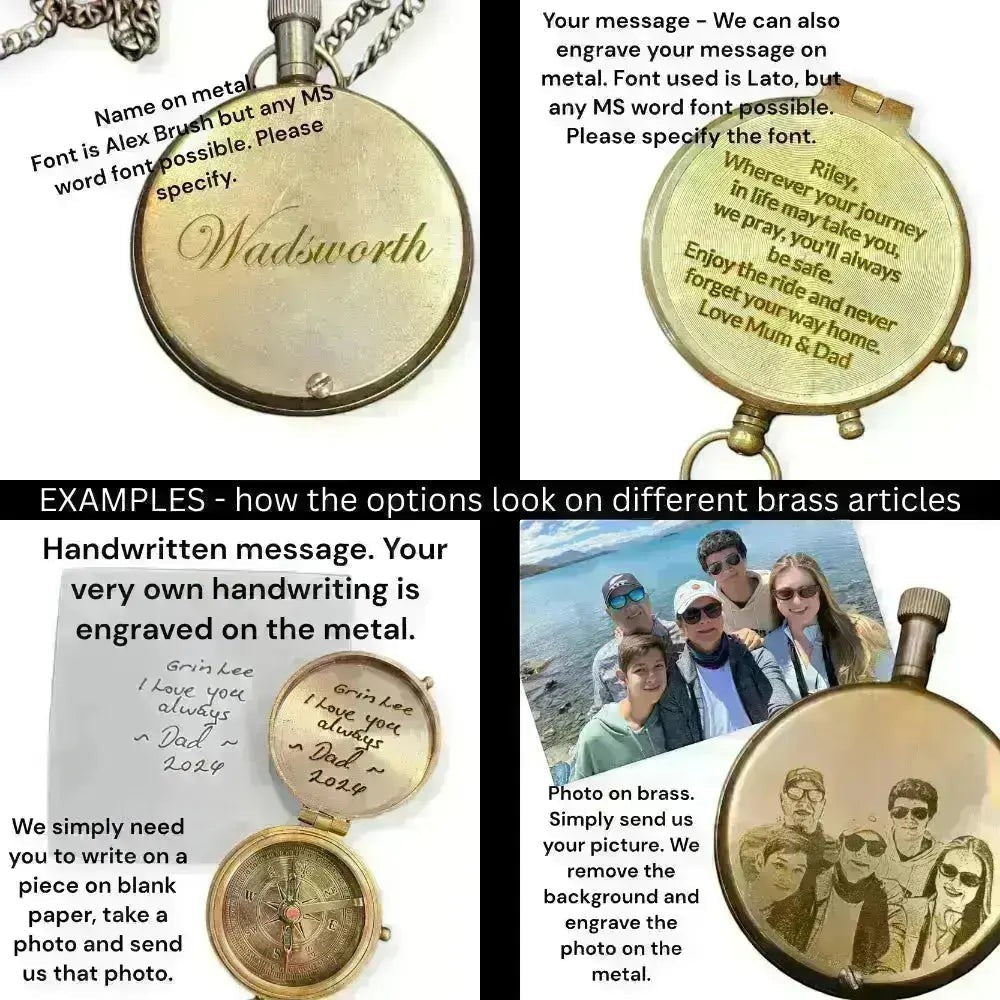 mypirateshop vintage brass compass showing custom engraving examples including names, handwritten notes, and photos.