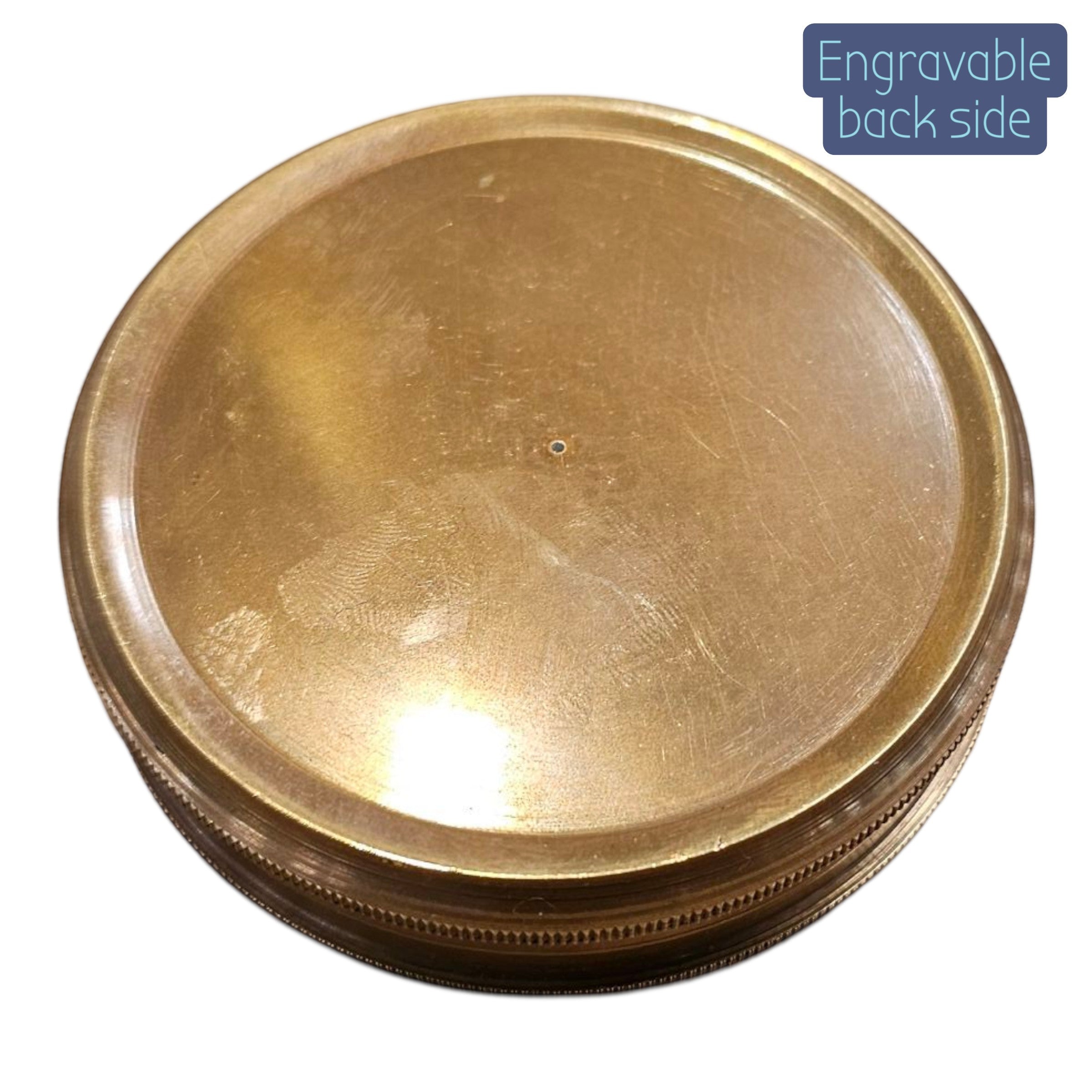 mypirateshop vintage solid brass compass showing the smooth, engravable back side with an antique patina finish.