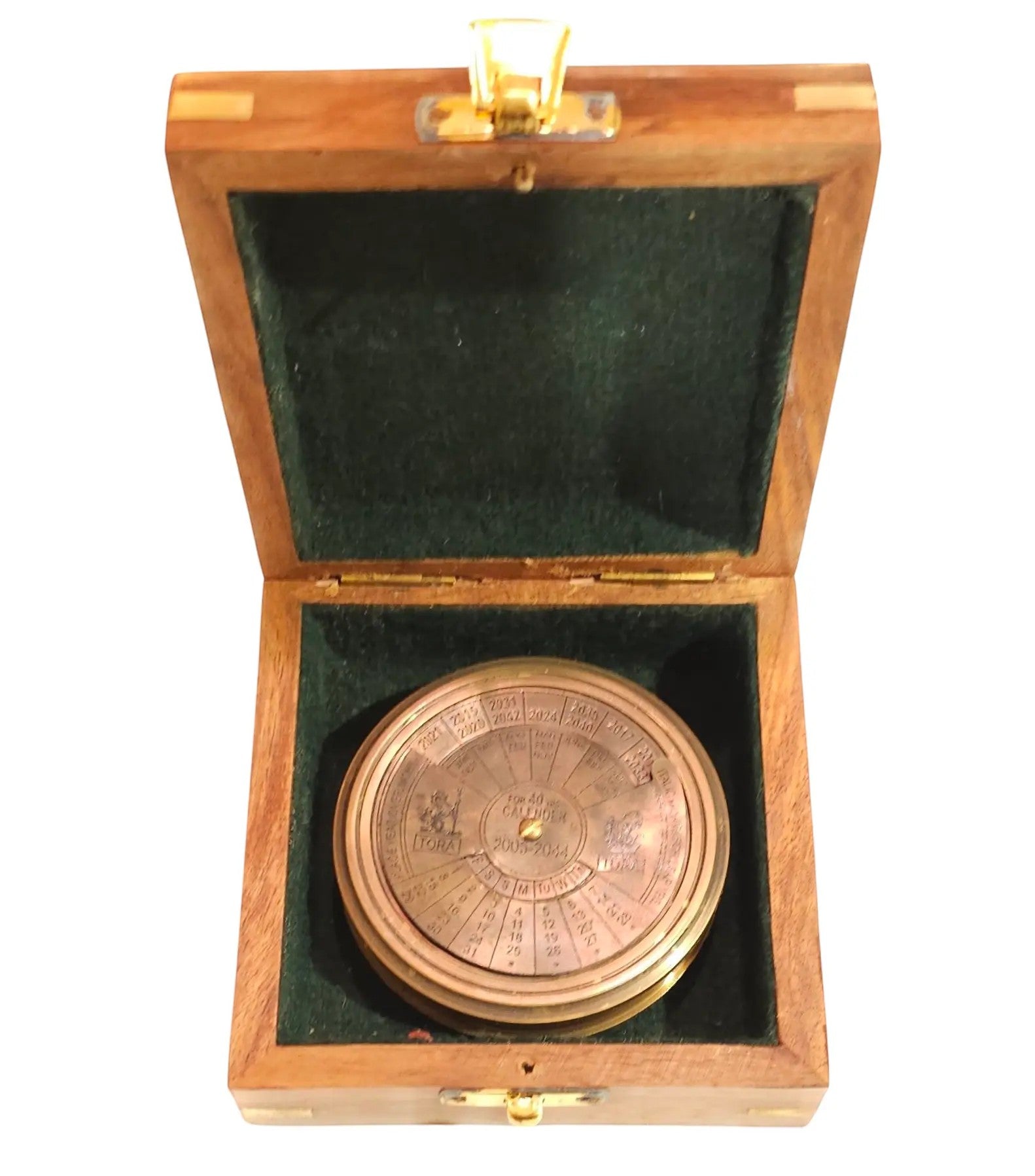 mypirateshop vintage brass perpetual calendar compass in a handcrafted wooden box with green velvet lining