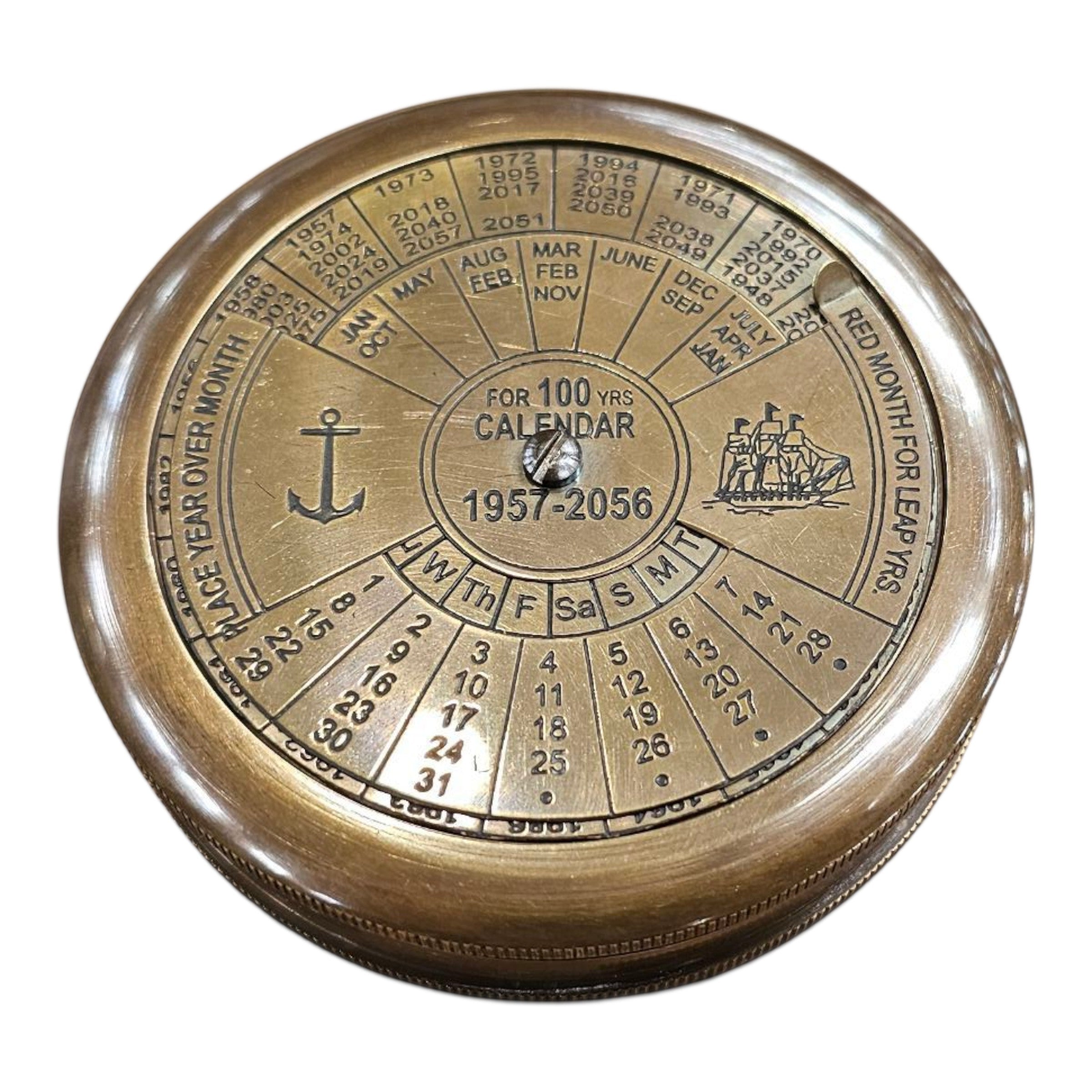 mypirateshop vintage solid brass perpetual calendar compass with antique patina finish and maritime engravings