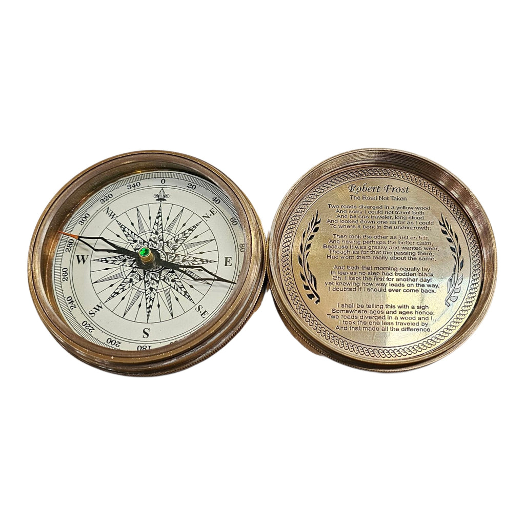 mypirateshop vintage brass compass with a perpetual calendar and engraved Robert Frost poem inside the lid