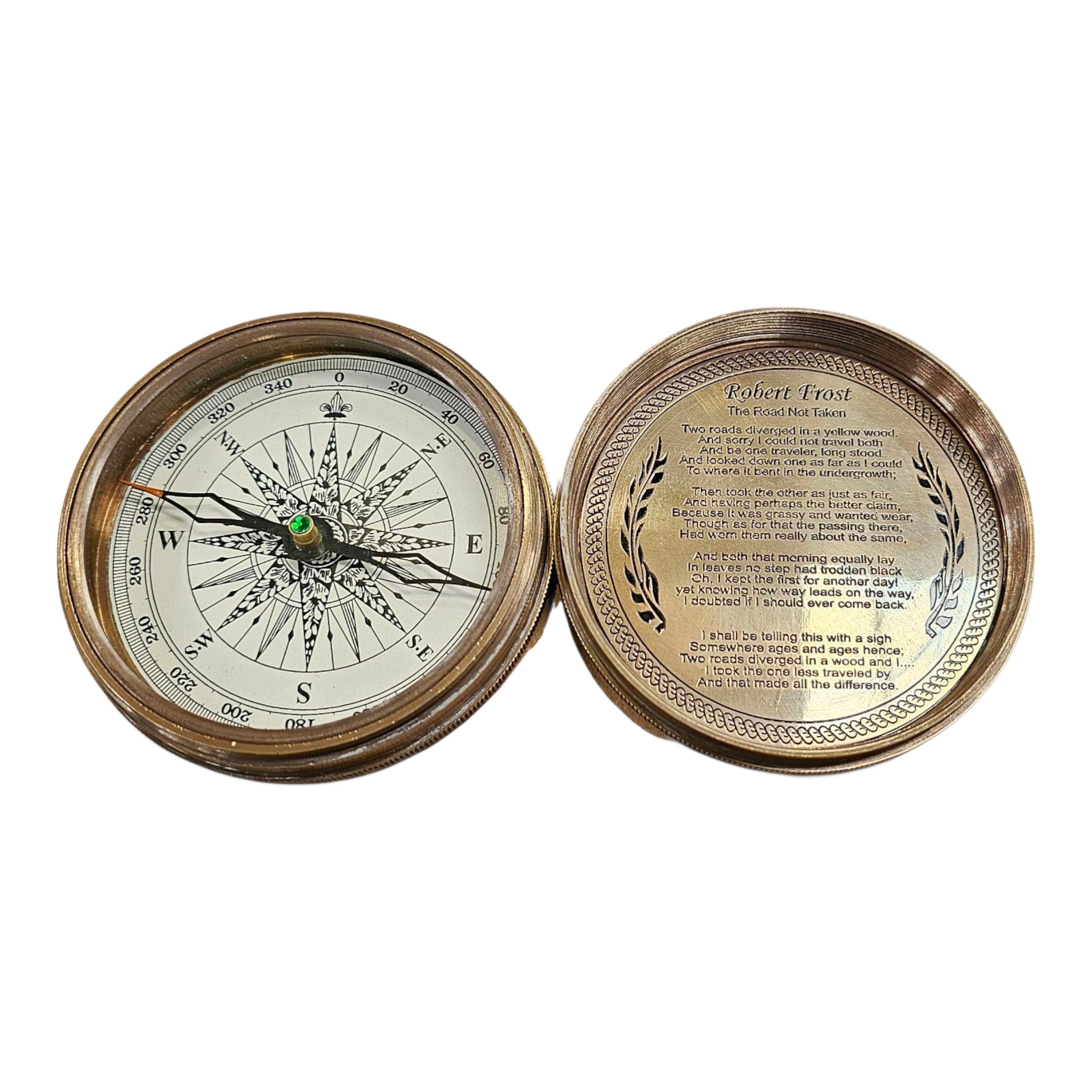 mypirateshop vintage brass compass with a perpetual calendar and engraved Robert Frost poem inside the lid