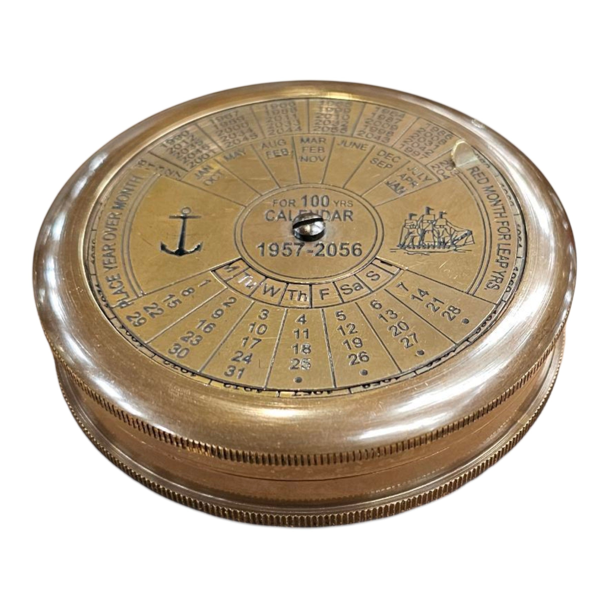 mypirateshop vintage solid brass perpetual calendar compass with anchor and ship engravings on a white background