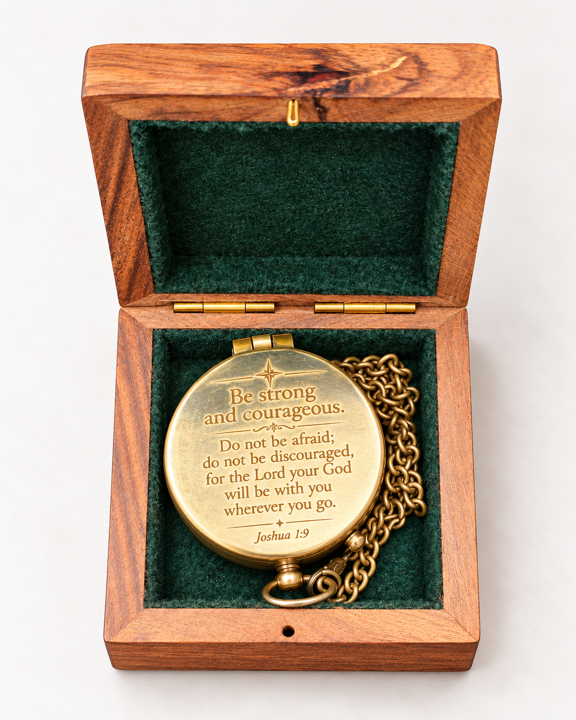 Joshua 1:9 personalised brass compass in wooden box – Christian baptism and confirmation gift