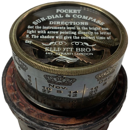 Drum Sundial Compass with leather case, customisable with a name engraving on the base.