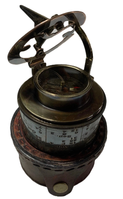 Drum Sundial Compass open to show dual functionality as both a compass and sundial.