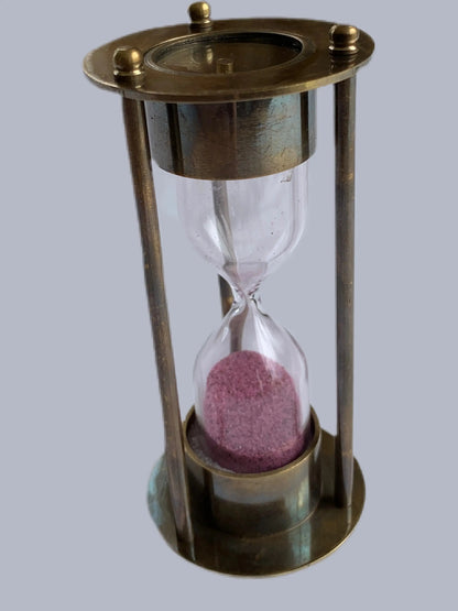 1 Minute Pink Antique Sand Timer with three brass rods with encased compass