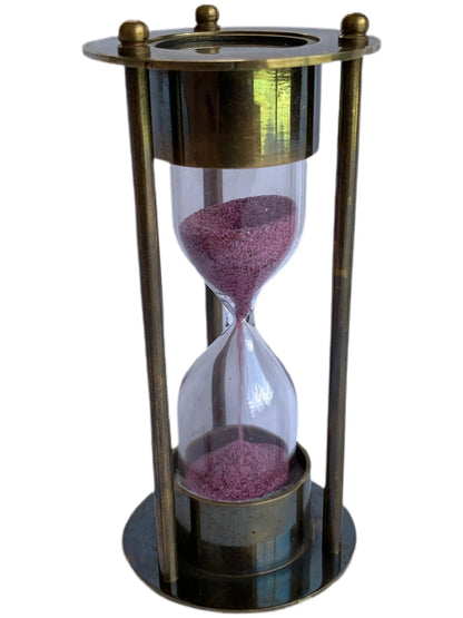 1 Minute Pink Antique Sand Timer with three brass rods with encased compass