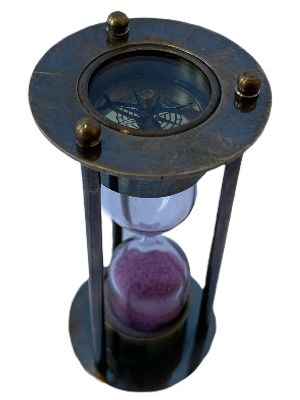 1 Minute Pink Antique Sand Timer with three brass rods with encased compass